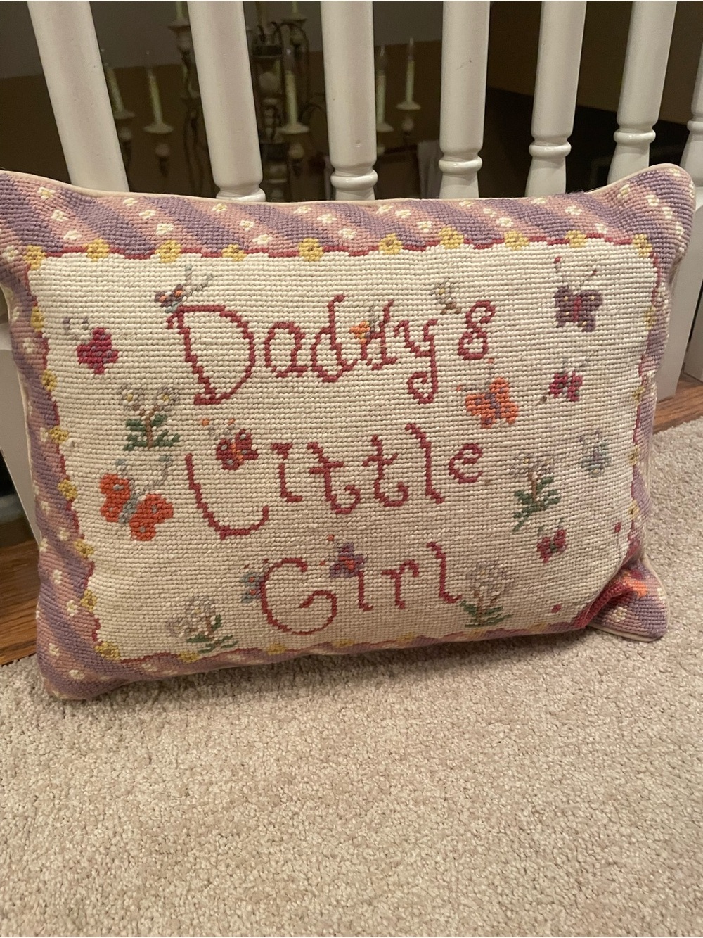 Daddy's Little Girl Needlepoint Pillow - Pink & Cream
